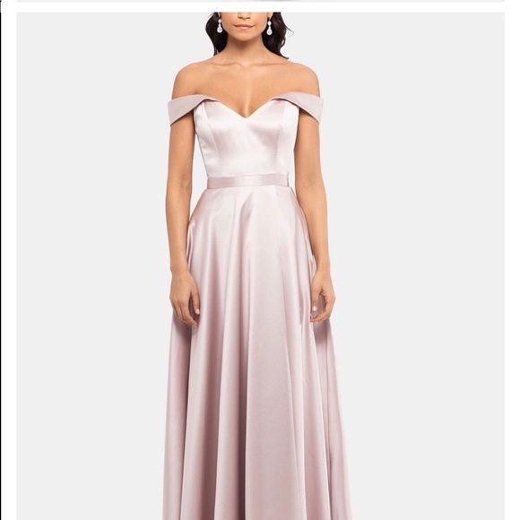 Xscape Dresses Xscape Blush Off Shoulder Gown With Slit And Pockets